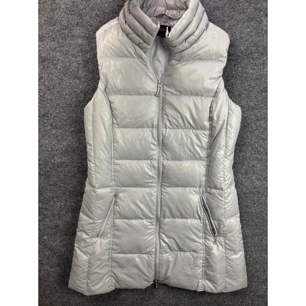 Coatology Puffer Vest Womens Medium Gray Long Down Filled Quilted Funnel Neck